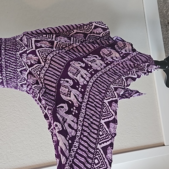 Boho Ruched Print Purple & White Spaghetti Strap Handkerchief Hem Sun Dress - Picture 3 of 4